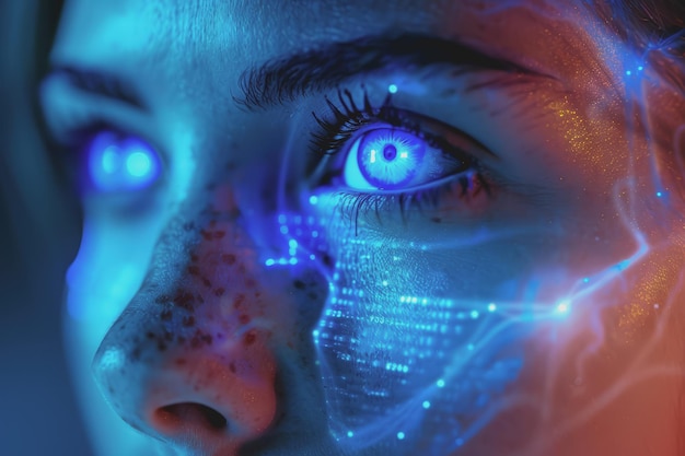 Futuristic female cyborg with blue lights on her eyes scanning the retina Check the information