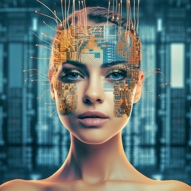 Futuristic female face with digital circuit 3d rendering toned image