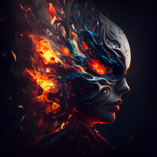 Futuristic female face with fire flames on dark background 3d rendering