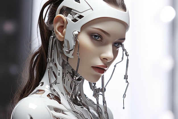 Futuristic female humanoid robot in protective helmet advanced technology concept