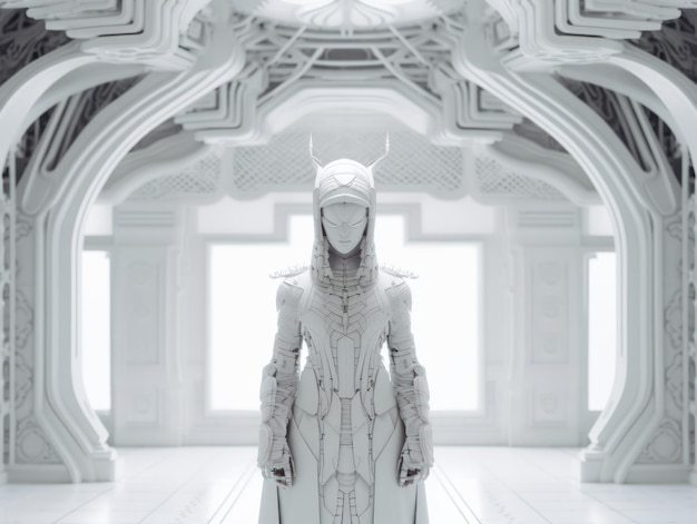 A futuristic female mannequin in a white dress and mask stands in a futuristic white room interior Symmetrical composition Created with Generative AI technology