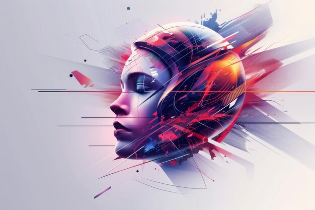 Photo futuristic female portrait with digital glitches modern art creative representation conceptual desi