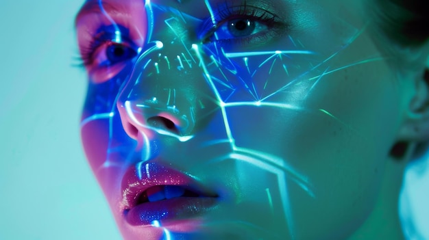 Futuristic female portrait with glowing geometric patterns and vibrant blue light