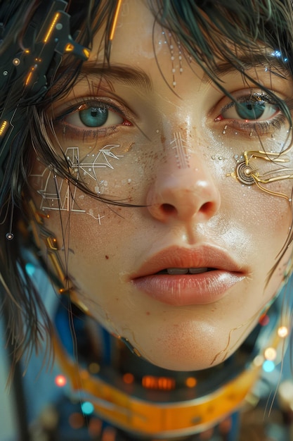 Futuristic Female Portrait with Technological Elements and Ethereal Aesthetics