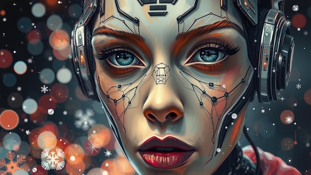 Photo futuristic female robot with intricate face design and bokeh lights