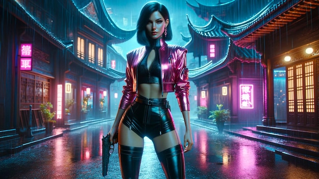 Futuristic Female Warrior in NeonLit Rainy Asian Alleyway