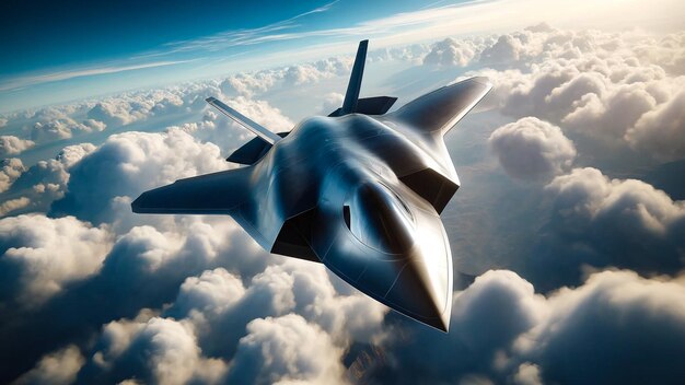 Futuristic Fighter Jet Glides Over Majestic Cloud Formations