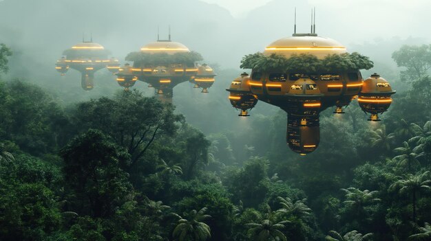 Photo futuristic floating buildings in jungle