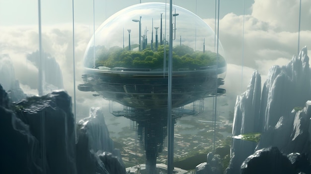 Photo futuristic floating city encased in crystal domes harmonized with lush exotic flora and pristine waters in a dreamlike sci fi universe