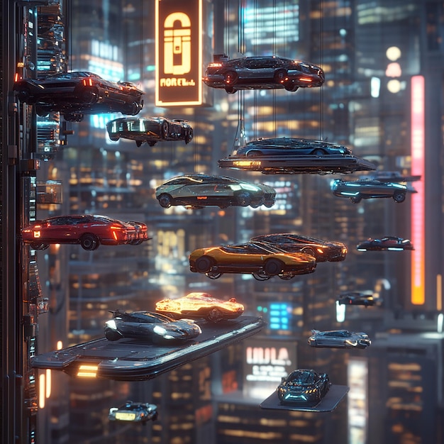 Photo futuristic floating vehicle parking lot in a scifi city