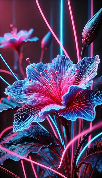 Photo futuristic flower with neon pink and blue holographic petals and glowing veins