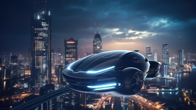 A futuristic flying car in front of a cityscape.