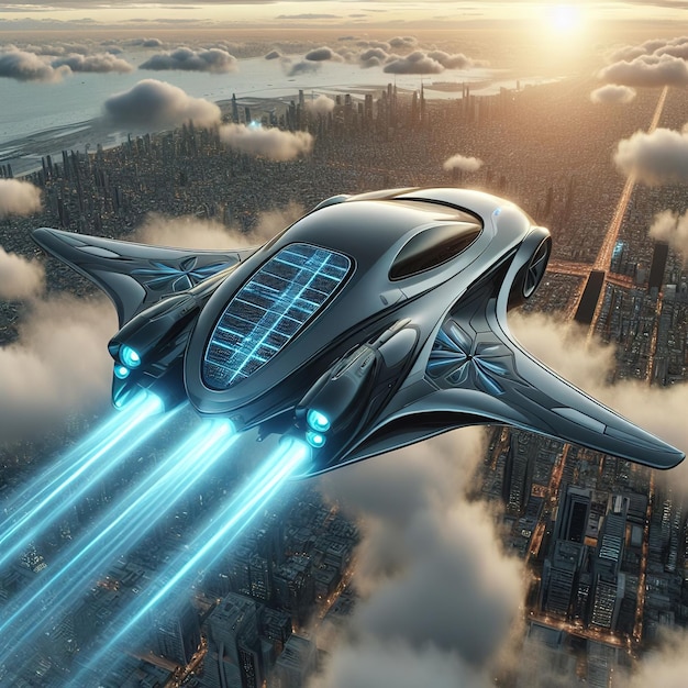 A futuristic flying machine is speeding over the city at high speed