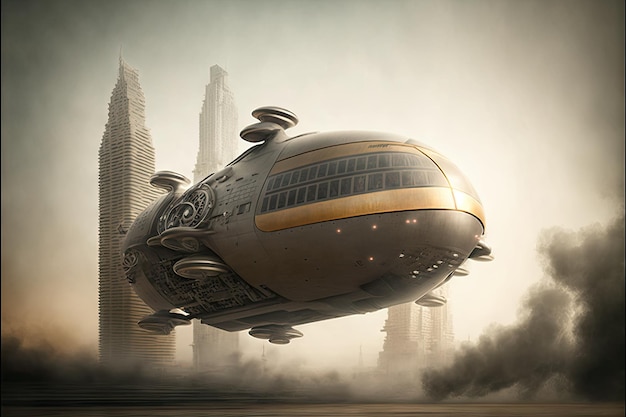 Futuristic flying urban transport raising dust in sky created with generative ai