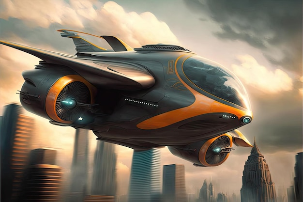 Futuristic flying urban transport with highspeed electric engines created with generative ai