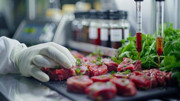 Photo futuristic food science lab a laboratory experimenting with sustainable food production methods such as labgrown meat and plantbased alternatives