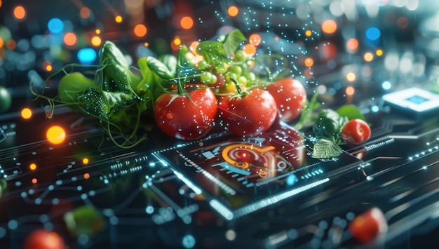 Photo futuristic food technology tomatoes and circuitry