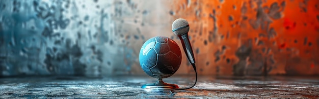 Photo futuristic football and microphone with abstract background for sports commentary and broadcasting design