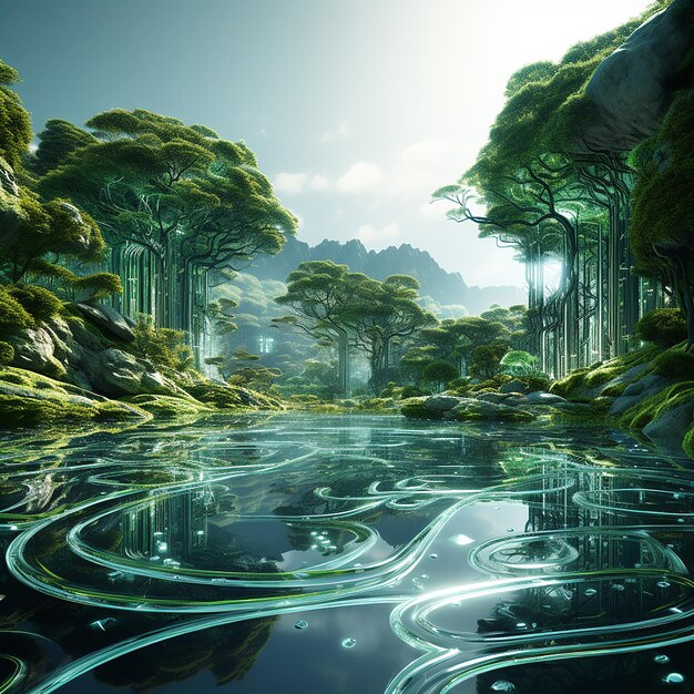 Photo futuristic forests where nature meets technology in serene symbiosis