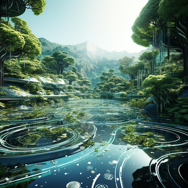 Photo futuristic forests where nature meets technology in serene symbiosis