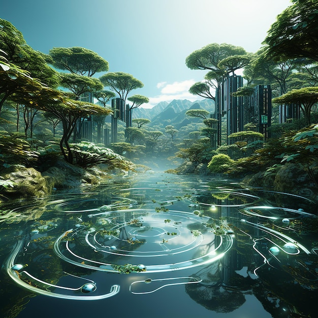 Photo futuristic forests where nature meets technology in serene symbiosis