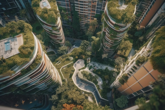 Futuristic friendly ecology mega city buildings and towers green environment city center metropolis forest and garden in midtown greenery skyscraper Sustainable nature with Generative AI