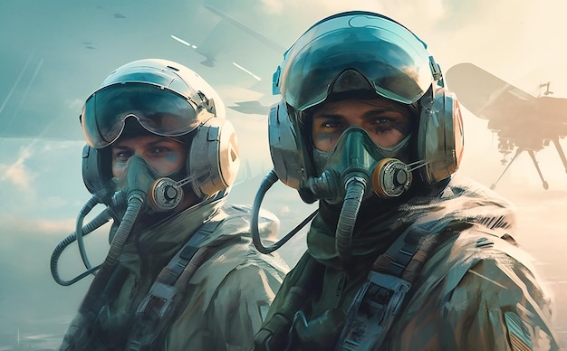 The futuristic front view of an artillery jet pilot and a fighter jet