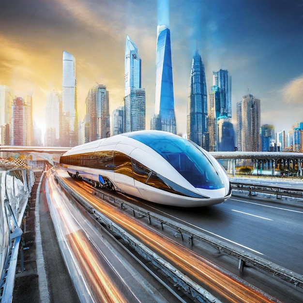 Photo a futuristic futuristic train is driving on a highway