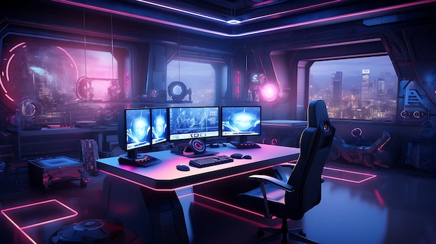 futuristic gaming room with neon lights and computers futuristic minimal interior design