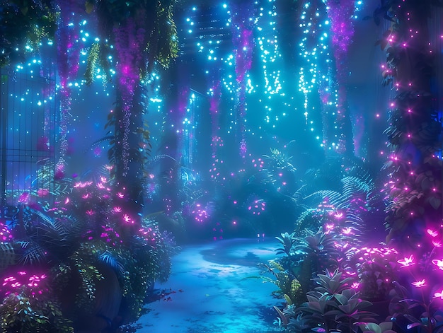 Futuristic Garden with Bioluminescent Plants in a Mystical Setting