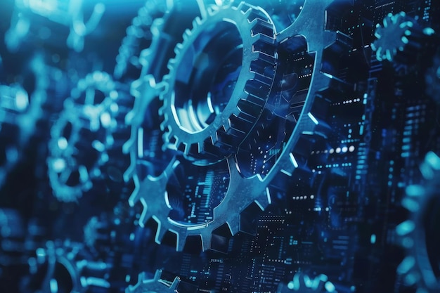 Futuristic gears in blue digital AI concept Abstract tech background business industry growth