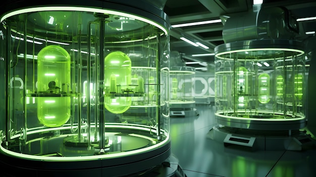 Futuristic Gene Editing Lab with Advanced Bioreactors and Holographic Controls Enabling Efficient Algae Biofuel Production