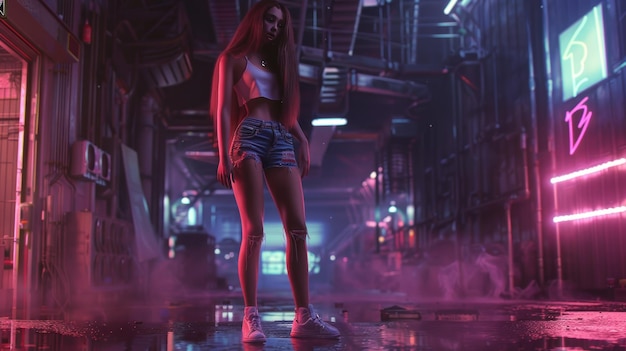 Futuristic girl in tight shorts and tshirt cyberpunk city style AI generated image