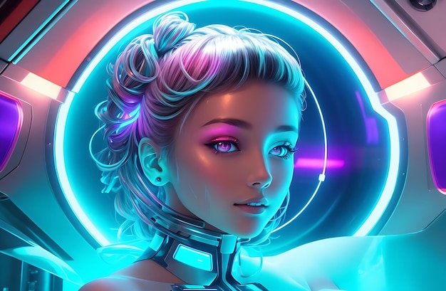 A futuristic girl with metallic skin and glowing neon accents