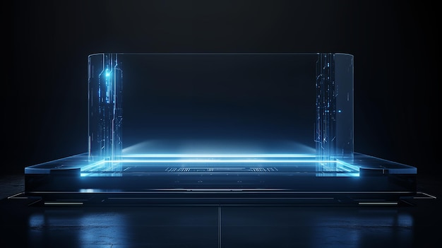 Futuristic Glass Display with Blue Neon Lights