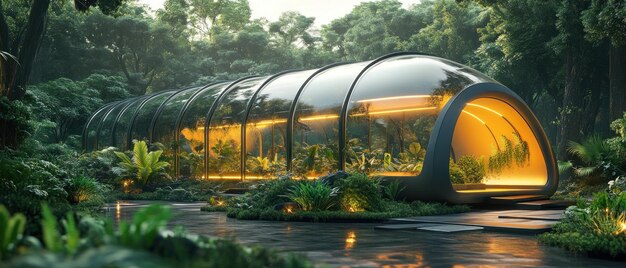 Photo a futuristic glass greenhouse structure in a lush forest