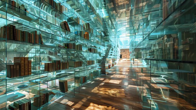 Futuristic glass library interior with wooden floor and bookshelves on both sides