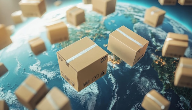 Photo futuristic global logistics cardboard boxes soaring around the globe in a delivery concept