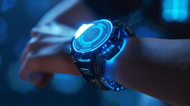 Photo futuristic glowing blue smartwatch on a wrist