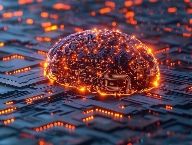 Futuristic glowing brain on circuit board Artificial intelligence concept