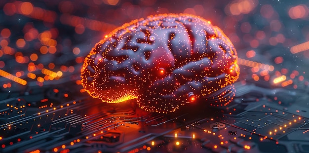 Photo a futuristic glowing digital brain on a circuit board with ai and big data technology concept