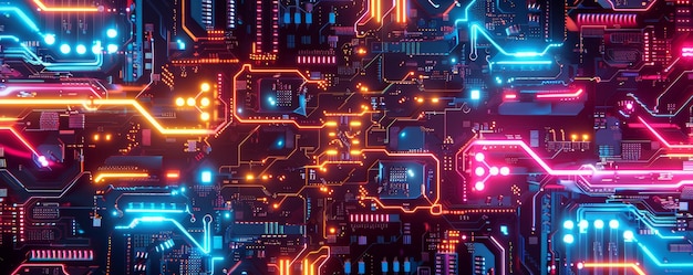 Futuristic glowing neon circuit board vibrant technology background