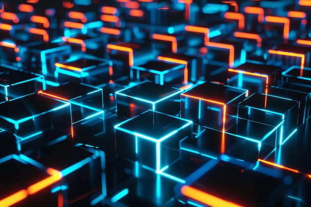 Futuristic Glowing Neon Cubes in a Dark Space with Blue and Orange Lights