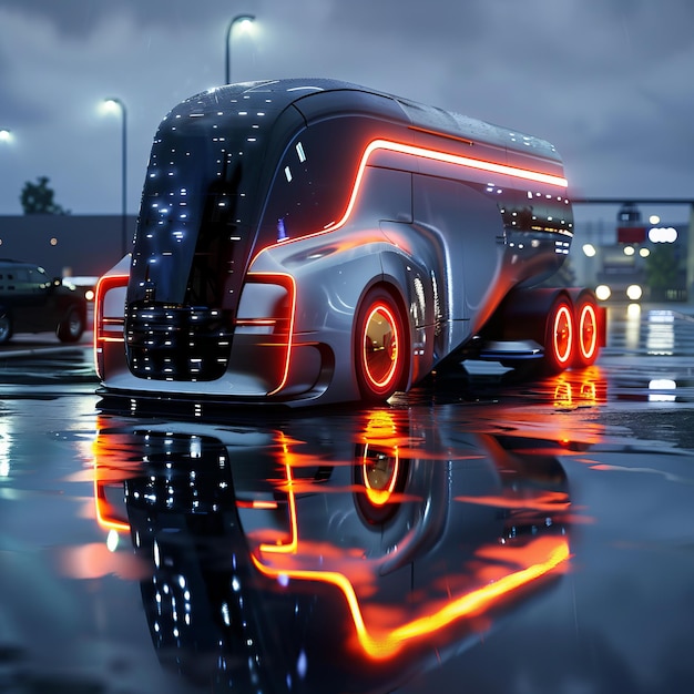 Photo futuristic glowing neon truck on glossy reflective surface