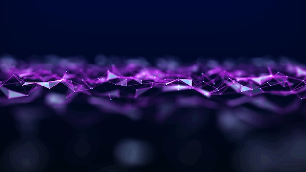 Futuristic glowing wave The concept of big data Network connection Cybernetics Abstract dark background of purple lines and triangles connected by dots 3d rendering