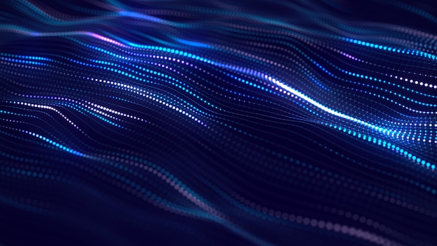 Futuristic glowing wave The concept of big data Network connection Cybernetics and technology Abstract blue background of moving blue and purple dots 3d rendering