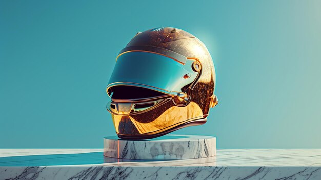 Photo futuristic golden helmet with blue highlights racing innovation and style