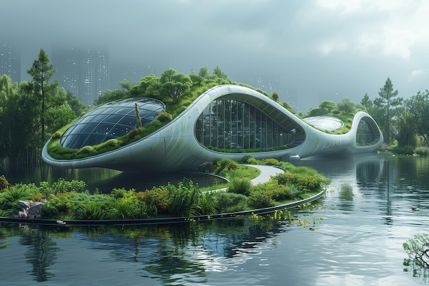 Futuristic Green Architecture Building Surrounded by Water and Trees