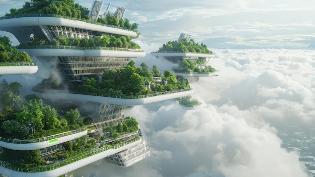 Futuristic Green City Buildings Above Clouds Eco Friendly Architecture Design