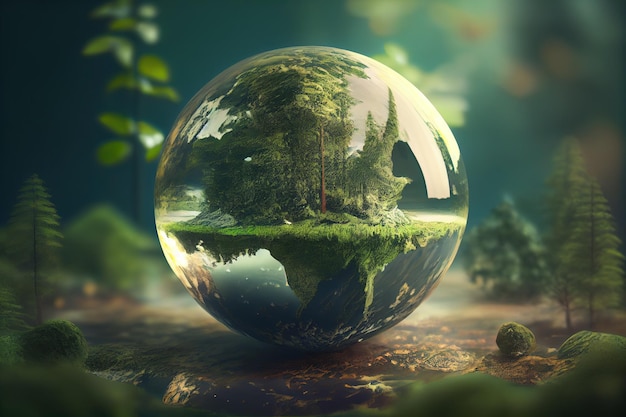 Futuristic green planet Earth sphere with crystal texture featuring a green forest city